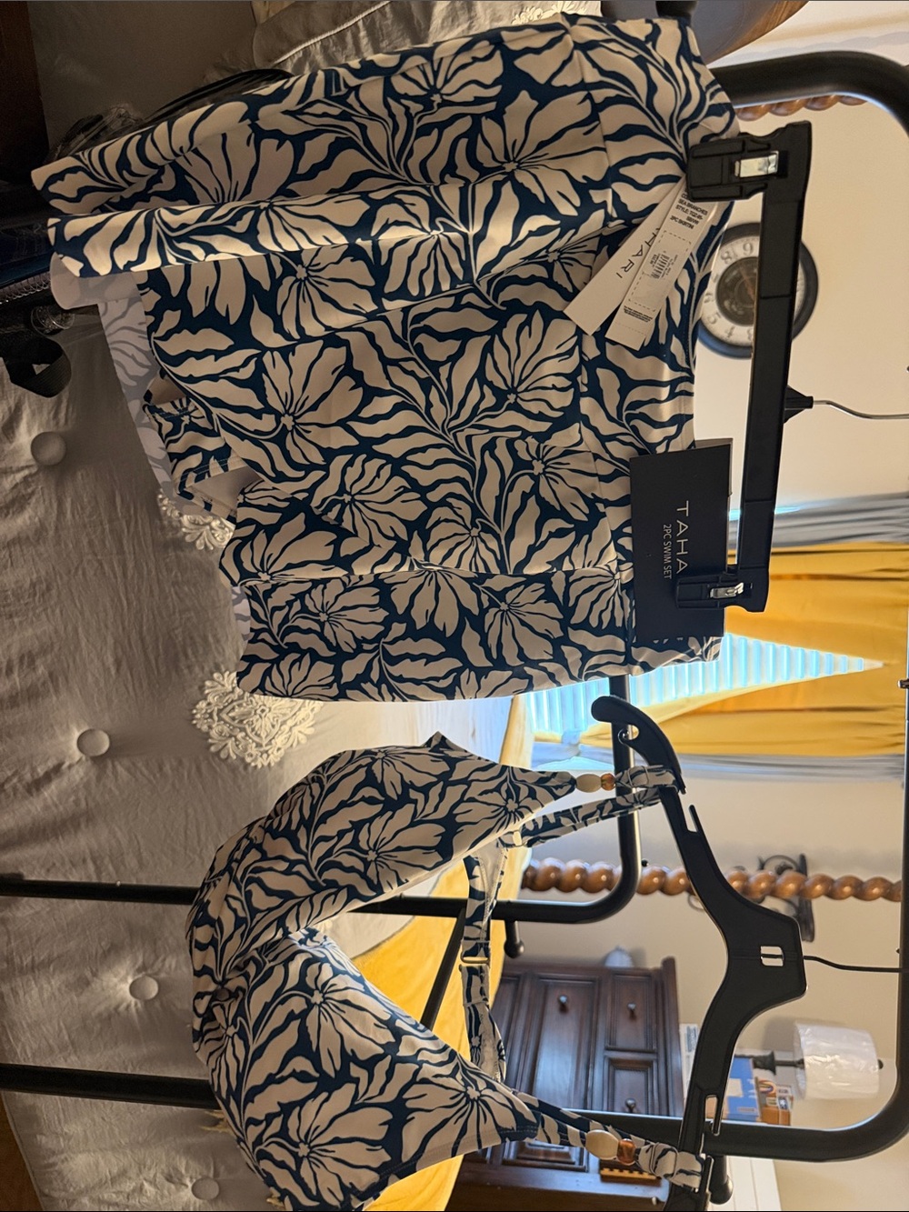 Swimsuit Tahari Teal and White Floral Crop Top and Skirt Set